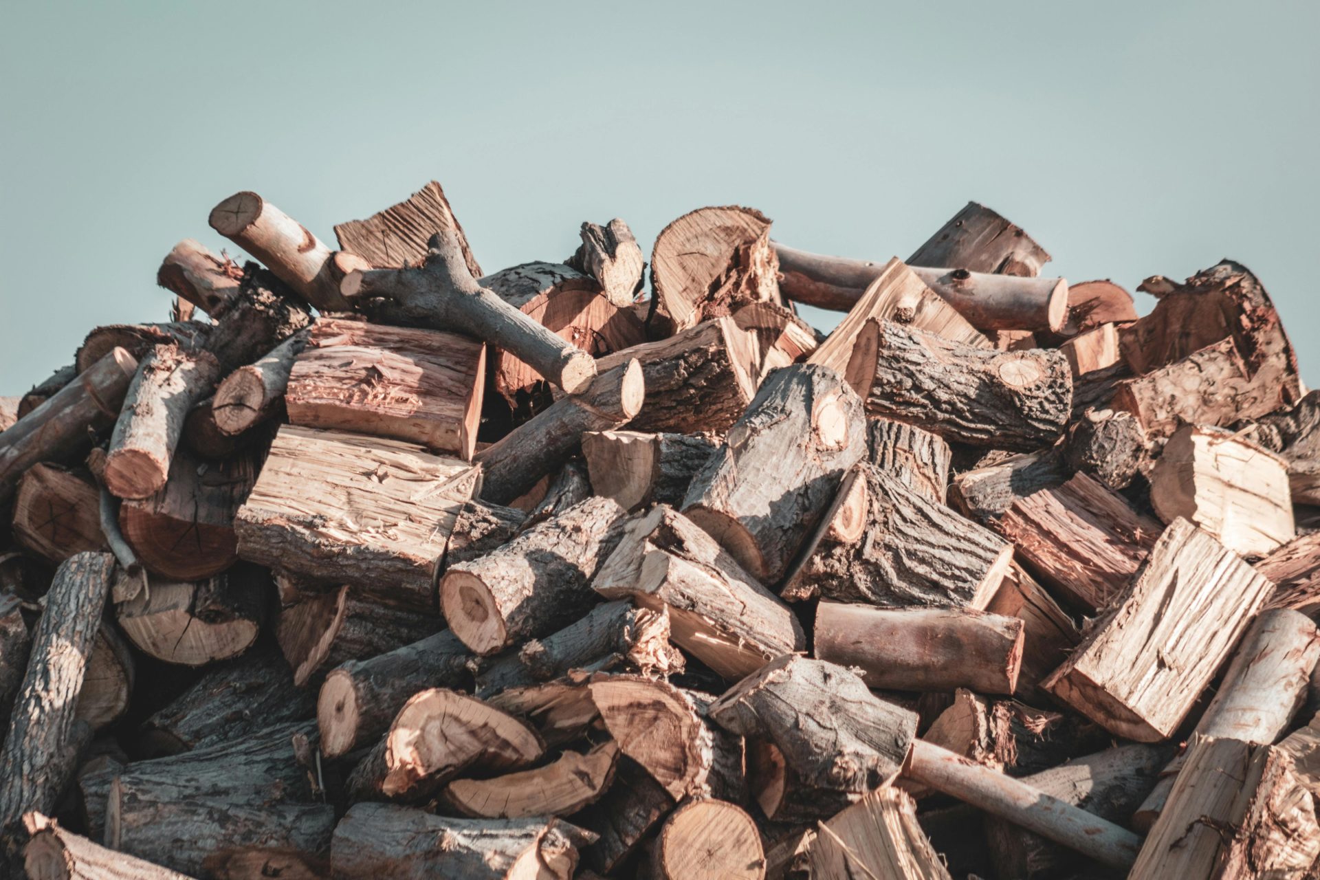 Ein Stapel gehackter Holzscheite – perfekt als Brennholz oder für Holzbearbeitungsprojekte –, im Freien aufgenommen.